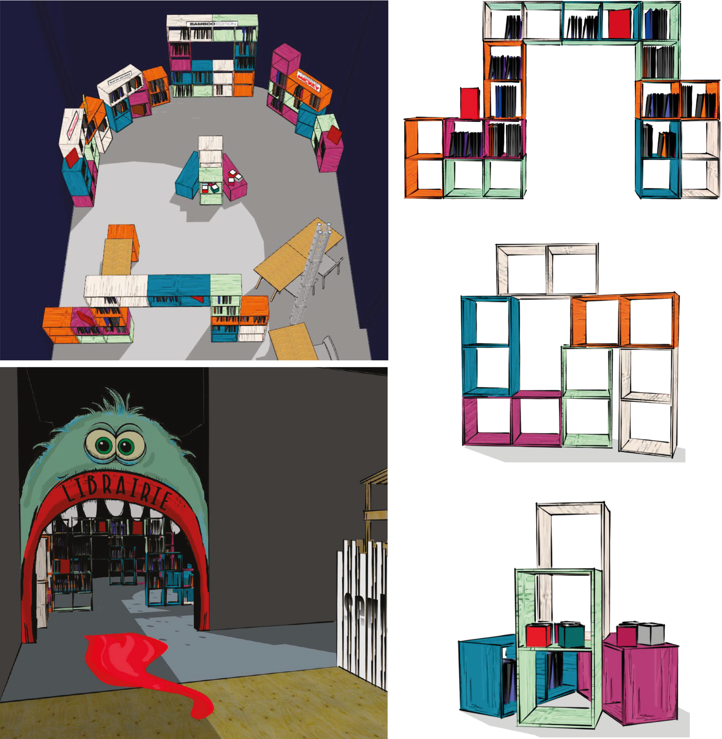 3d mobilier Librairie - halle des découvertes - décors graphisme - festival Bande dessinée Angoulême 2024 - atelier scratch