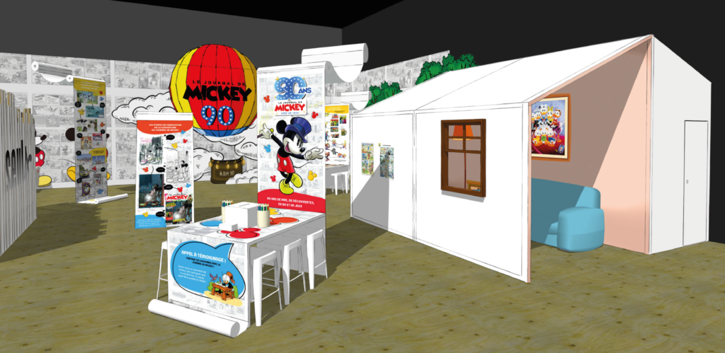 Parcours journal de mickey - Graphisme scénographie - stand éditeur- festival Bande dessinée Angoulême 2024