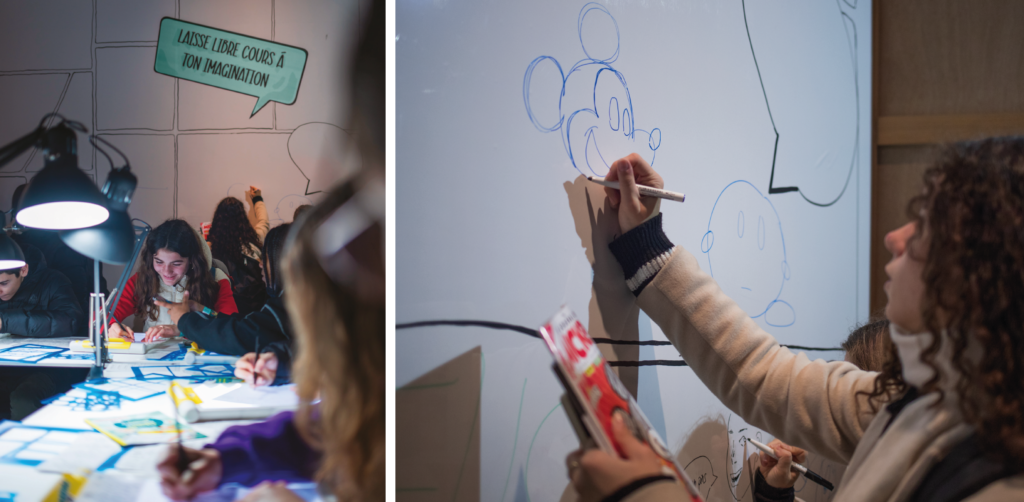 photo mur dessin velleda - espace ludique - scénographie - halle des découvertes - stand éditeur - festival Bande dessinée Angoulême 2024 - atelier scratch