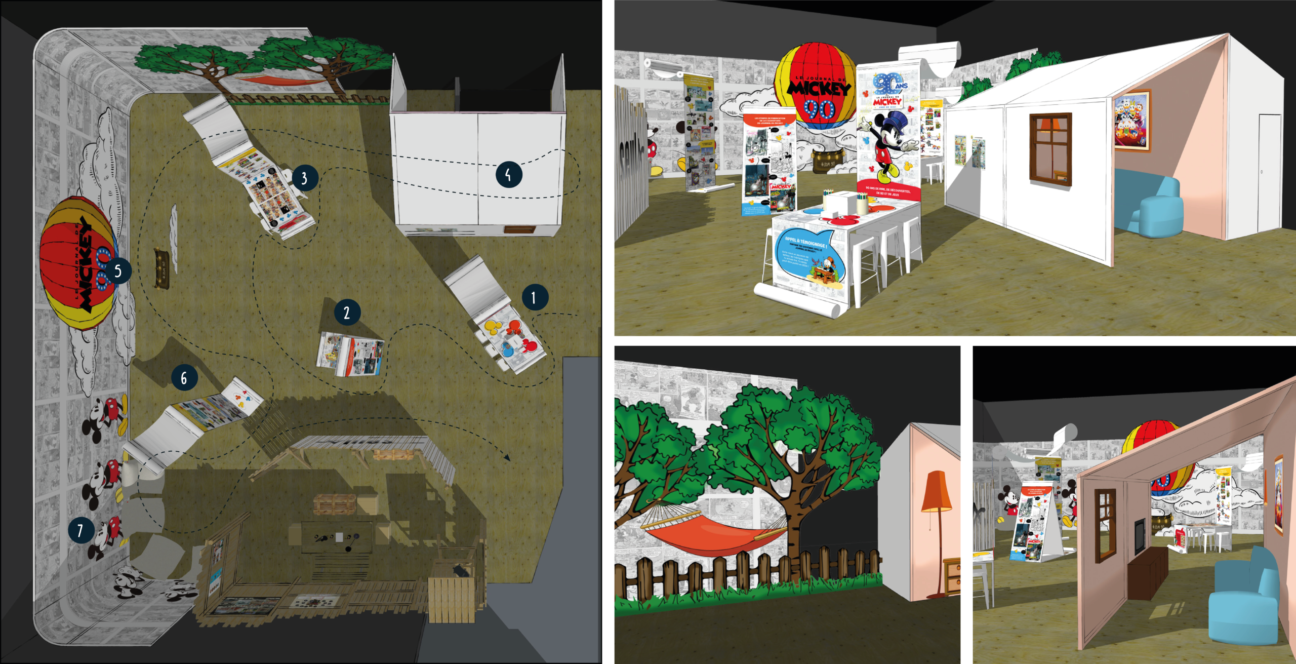Parcours journal de mickey - Graphisme scénographie - stand éditeur- festival Bande dessinée Angoulême 2024